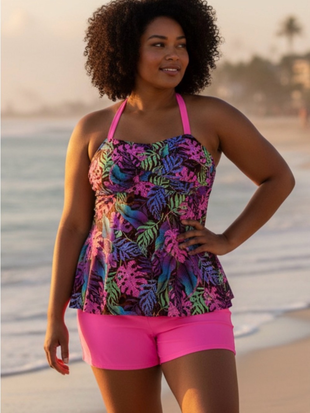 Women's 1XL Tropical Print Tankini with Pink Shorts